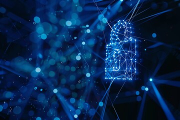 A digital lock graphic in blue tones, surrounded by interconnected points of light, portraying the concept of cybersecurity and data protection.