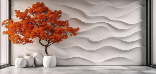 Empty wall and floor with autumn trees and yellow leaves
