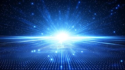 Obraz premium A stunning cosmic scene featuring radiant light beams, sparkling stars, and a vast, deep blue galaxy backdrop.