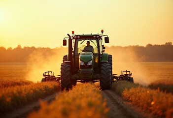 Fototapeta premium Farmer drives a tractor with equipment across a sunlit field, with detailed machinery and a blurred backdrop.