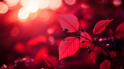 Vivid red leaves glimmering in the soft sunlight during autumn in a serene forest setting