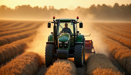Farmer drives a tractor with equipment across a sunlit field, with detailed machinery and a blurred backdrop.







