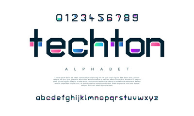 Techton creative modern geometric urban alphabet font. Digital abstract futuristic, game, techno, robot, music, logo, sport, minimal technology typography. Simple numeric vector illustration
