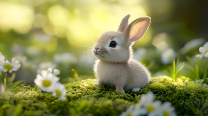 Fototapeta premium small baby rabbit looking up with big, innocent eyes, its fluffy body resting on a bed of soft moss