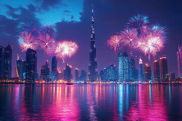 A city skyline with a large building in the middle and fireworks in the background. The fireworks are in the sky and the water is reflecting the city lights. Scene is celebratory and festive