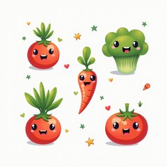 Cute Cartoon Vegetables Illustration with Happy Faces and Stars and Hearts Background - Kawaii Style