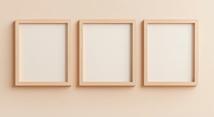 Three wooden frames on white wall. Triptych. Virtual mock up of wooden frames on wall. Empty interior. 3D illustrations. Interior design in 3D. Business template.