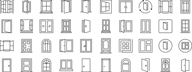 Exterior Outline Simple Icons Bundle. Contains Icons of Doors and Windows that Can Be Used for Design of Cards, Posts, Apps, Web Sites