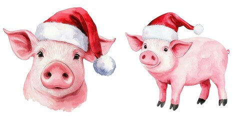 Watercolor Christmas Farmer Farm, Festive pig illustrations wearing Santa hats, perfect for holiday themes and cheerful designs. Isolate white background