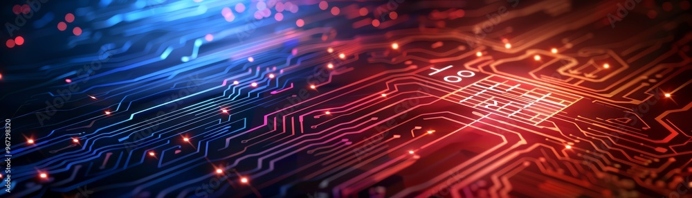 Aufkleber close-up view of a vibrant circuit board with glowing blue and red lights, representing technology a