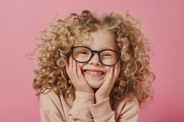 Obraz premium A curly-haired little girl with big black glasses beams with joy, resting her hands on her cheeks against a pink background.