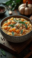 Delicious pumpkin risotto with sage and Parmesan served in a rustic bowl on a wooden table with warm lighting