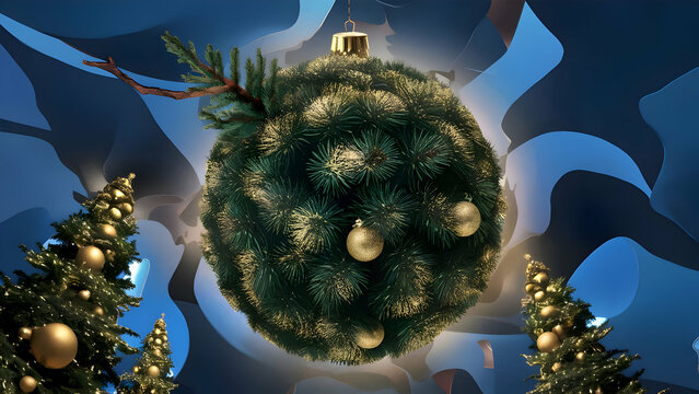 Christmas Tree In Ball Hanging Fir Branch With Golden Glittering On Blue Abstract Night, christmas eay