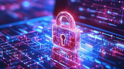 Digital Security Lock on Futuristic Circuit Board Background with Neon Lights