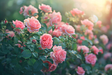 Obraz premium close up of branch of pink roses in the garden
