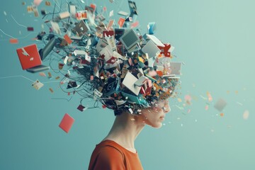 Conceptual art piece showing a woman's head exploding into a chaotic burst of multicolored objects and media, symbolizing information overload.