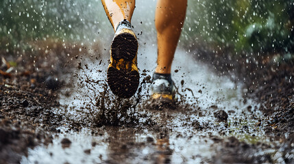 Close-up of a runner's feet splashing through a muddy trail, their shoes and legs covered in dirt and water, raindrops falling all around