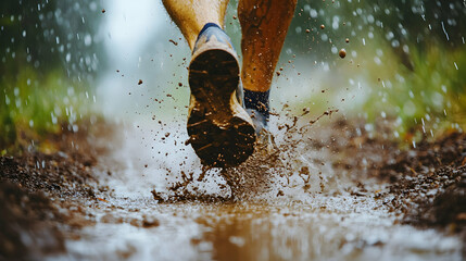 Close-up of a runner's feet splashing through a muddy trail, their shoes and legs covered in dirt and water, raindrops falling all around