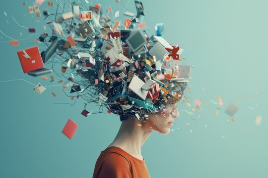 Conceptual art piece showing a woman's head exploding into a chaotic burst of multicolored objects and media, symbolizing information overload.