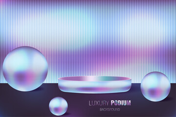 Neon effect Podium mockup with Podium template design with trendy Ribbed Glass texture background. Neon effect Ribbed Glass blank pedestal. Vector illustration for web advertising design. 