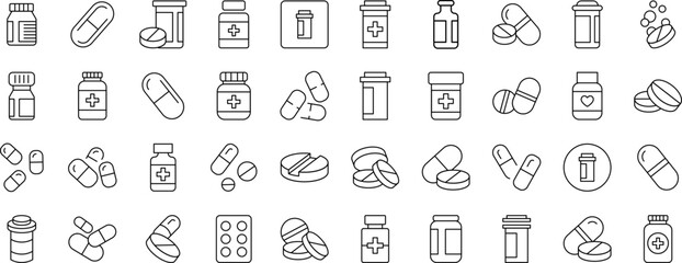 Meds and Treatment Simple Linear Illustrations. Contains Icons of Pills that Can Be Used for Design of Cards, Posts, Apps, Wen Sites