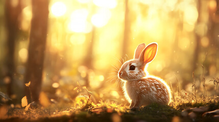 small bunny hopping through a dreamy forest, with its soft fur glowing in the warm, magical light