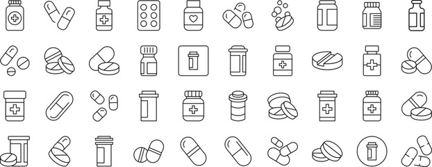 Meds and Treatment Icon Pack. Contains Icons of Pills that Can Be Used for Design of Cards, Posts, Apps, Web Sites