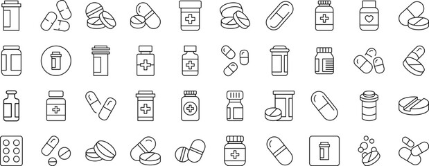 Fototapeta premium Meds and Treatment Outline Simple Icons Bundle. Contains Icons of Pills that Can Be Used for Design of Cards, Posts, Apps, Web Sites