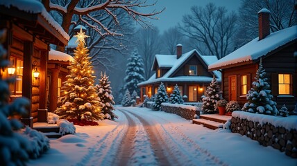 Cozy snow-covered village with glowing Christmas tree and holiday lights at dusk in winter wonderland. Perfect for festive and seasonal themes, winter holidays, and Christmas greetings.