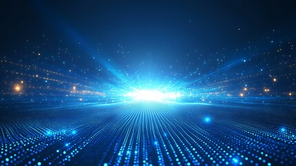 Obraz premium A stunning illustration of blue light rays emanating from a central point, creating a dynamic digital landscape.