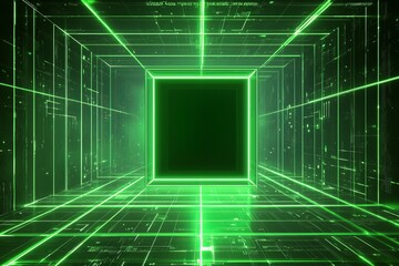 Abstract glowing green coding background with blank square mock-up frame. Big data and code concept. 3D rendering.