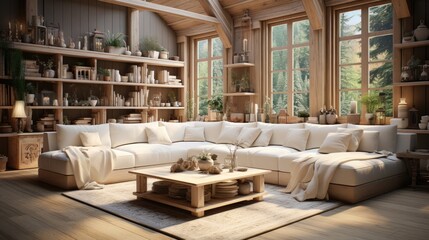 Farmhouse living room interior background, wall mockup, 3d render  