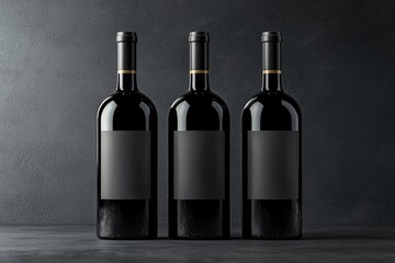 This is a 3D rendering and mockup of three black wine bottles with empty blank labels for your brand on an abstract dark background.