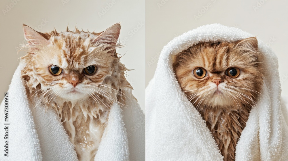 Poster A before-and-after comparison of a cat bath, showing a wet, soapy cat followed by a clean and fluffy cat wrapped in a towel.