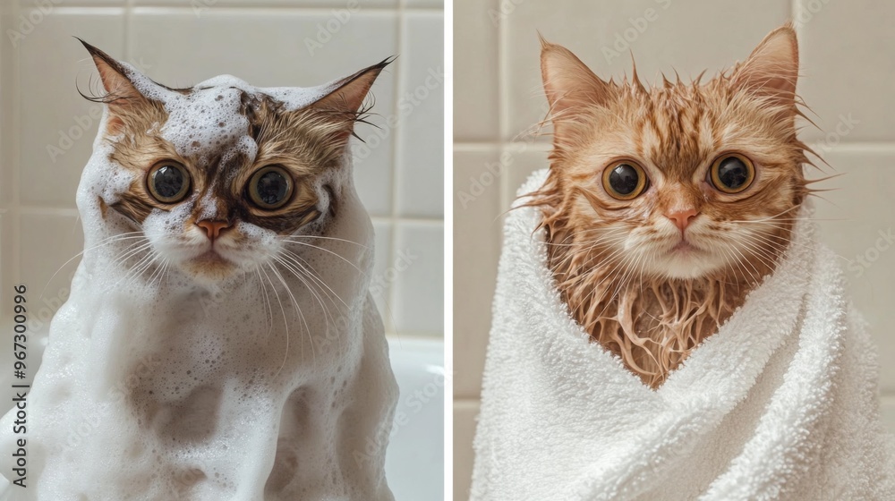 Poster A before-and-after comparison of a cat bath, showing a wet, soapy cat followed by a clean and fluffy cat wrapped in a towel.