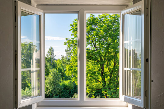 Fototapeta open window with garden view