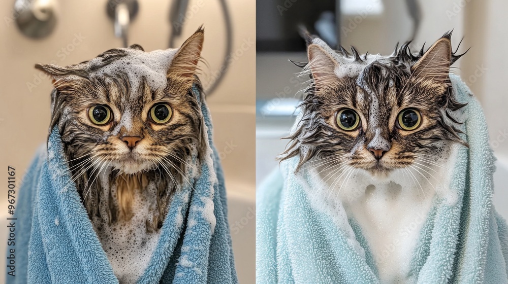 Poster A before-and-after comparison of a cat bath, showing a wet, soapy cat followed by a clean and fluffy cat wrapped in a towel.