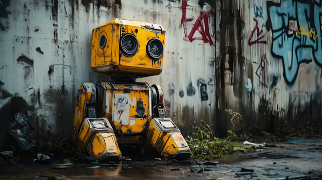 a graffiti of a robotic figure with a yellow-colored faceplate