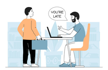 Worker was late. Boss is unhappy with his late subordinate. Irresponsible employee with poor time management. Deadline pressure. Linear vector illustration