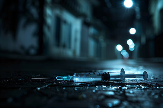 narcotic addiction concept, syringe on the dark street