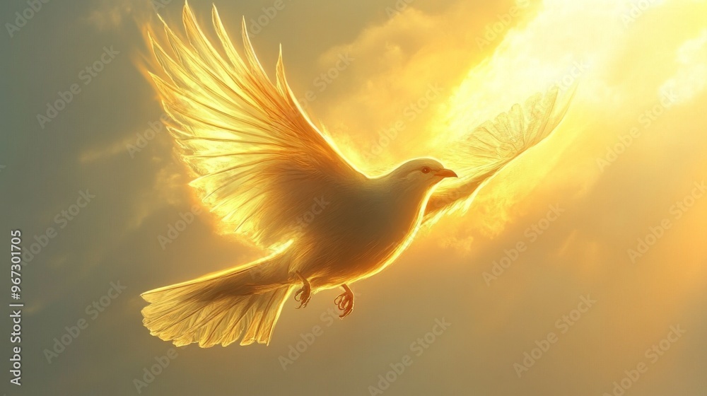 Poster A bird in flight with the sun illuminating its feathers, creating a dramatic and glowing effect against the sky.