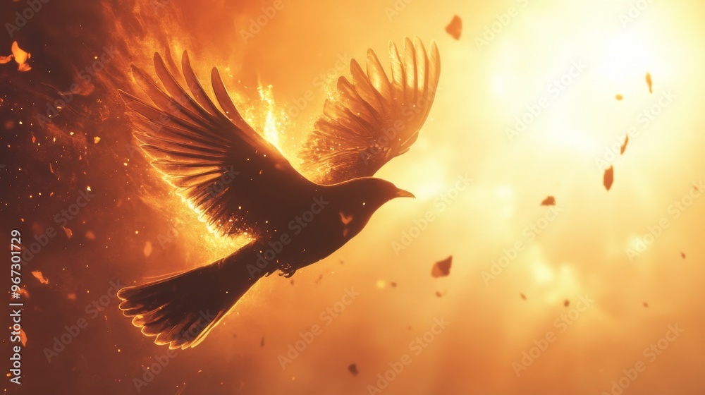 Poster A bird in flight with the sun illuminating its feathers, creating a dramatic and glowing effect against the sky.