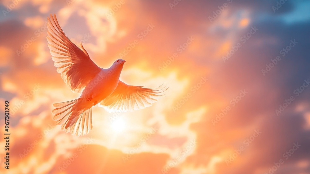 Poster A bird in flight with the sun illuminating its feathers, creating a dramatic and glowing effect against the sky.