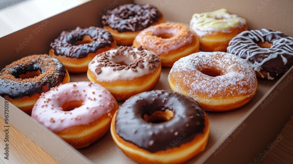 Poster A box of assorted donuts with different flavors and toppings, partially opened and ready to be enjoyed, showcasing a delightful treat.