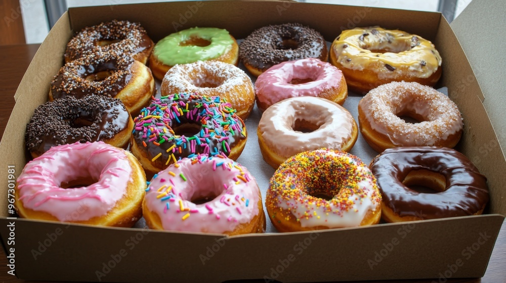 Poster A box of assorted donuts with different flavors and toppings, partially opened and ready to be enjoyed, showcasing a delightful treat.