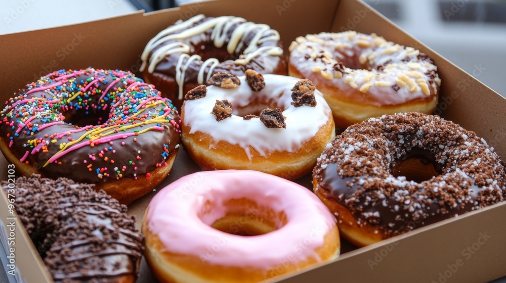 Poster A box of assorted donuts with different flavors and toppings, partially opened and ready to be enjoyed, showcasing a delightful treat.