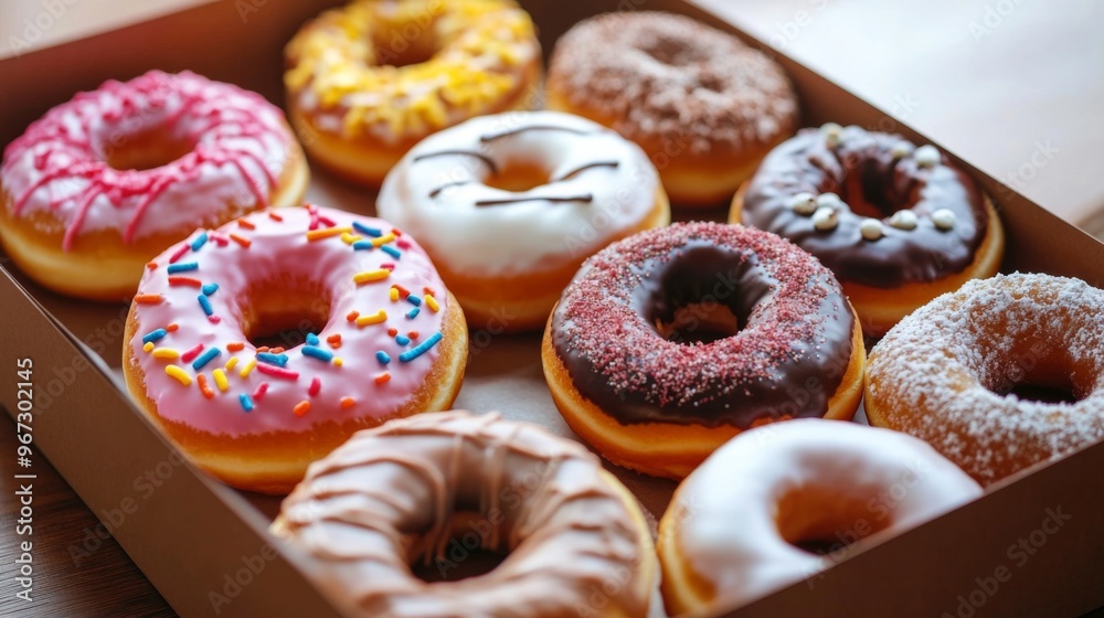 Aufkleber a box of assorted donuts with different flavors and toppings, partially opened and ready to be enjoy