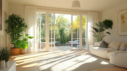 Obraz premium Bright and airy living room with large windows and plants, inviting relaxation and comfort.