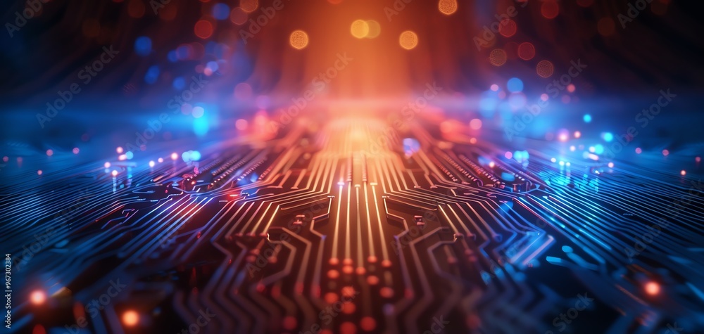 Aufkleber futuristic circuit board with glowing lights, representing advanced technology and digital innovatio