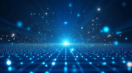 Fototapeta premium A vibrant blue abstract background with glowing light particles creating a futuristic atmosphere.